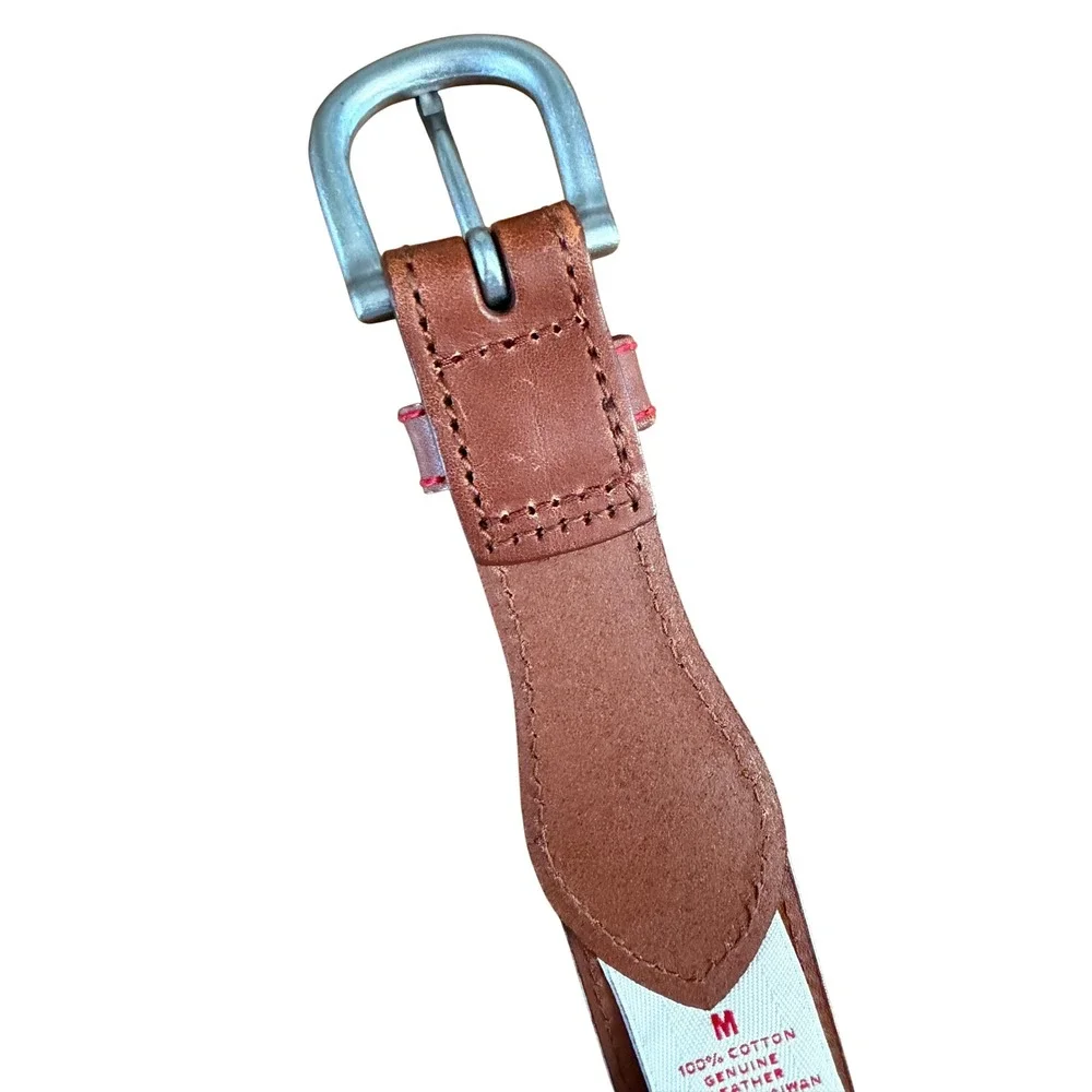 Brooks Brothers Plaid Cotton Leather Belt Medium Blue Pink Yellow Preppy